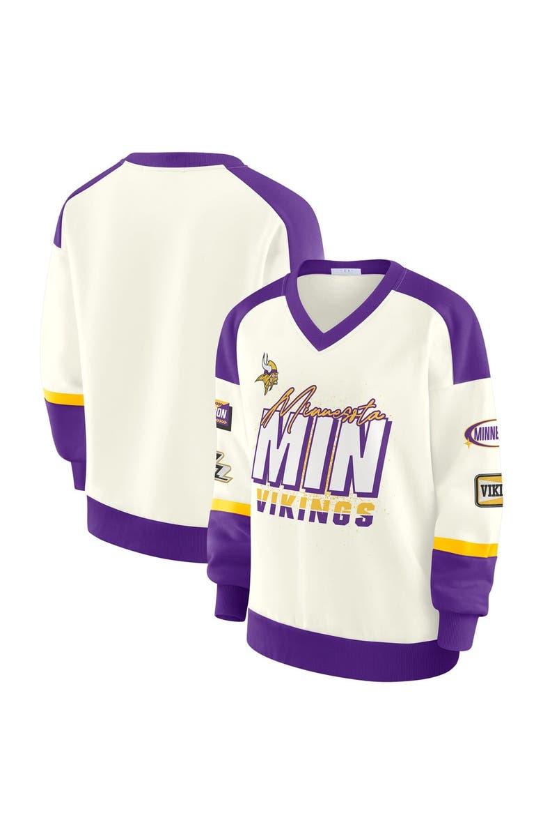 WEAR by Erin Andrews Women's WEAR by Erin Andrews  Cream Minnesota Vikings Racing Crew V-Neck Sweatshirt, Main, color, Cream