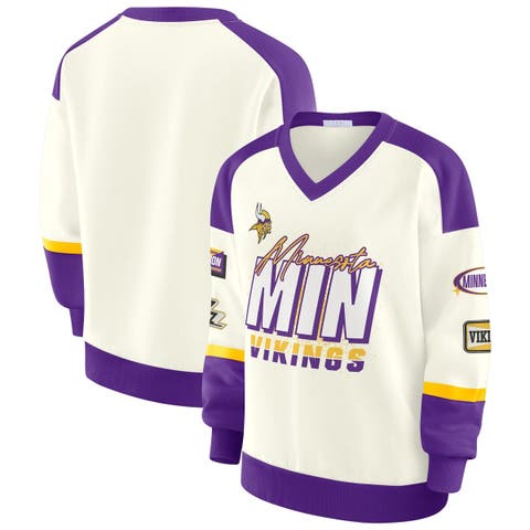 Women's WEAR by Erin Andrews  Cream Minnesota Vikings Racing Crew V-Neck Sweatshirt