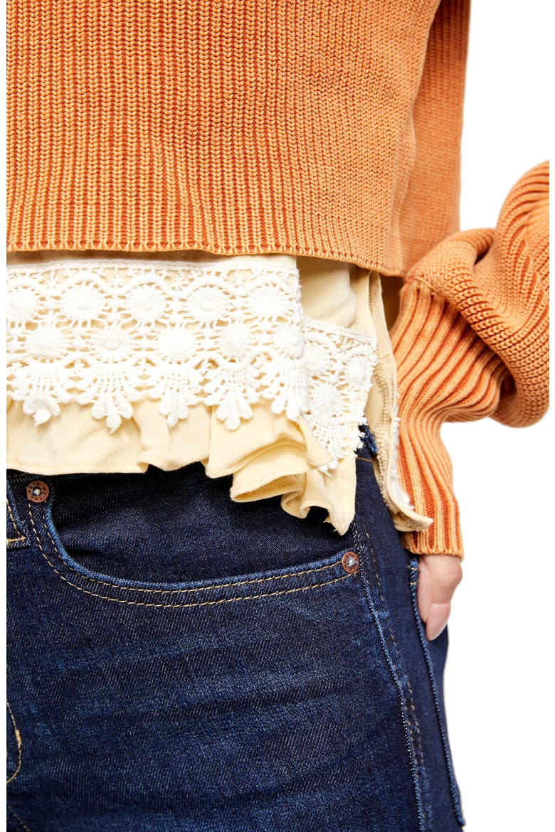 At First Glance Crochet Hem Turtleneck Sweater, Alternate, color, MED ORANGE