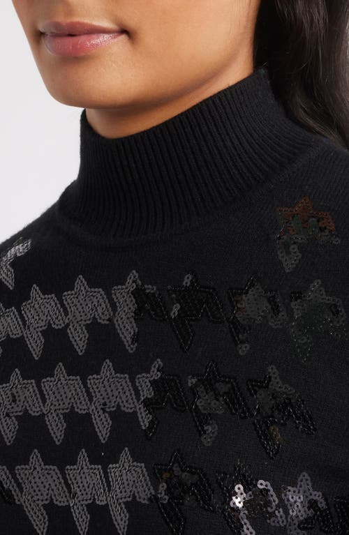 Anne Klein Sequin Houndstooth Mock Neck Sweater In Black