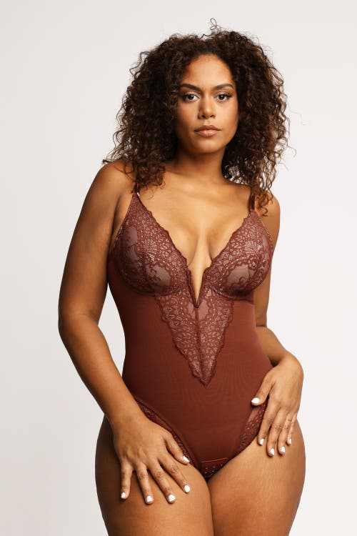 Popilush Shapewear Lace Deep V-neck Sculpting Thong Bodysuit In Deep Coffee