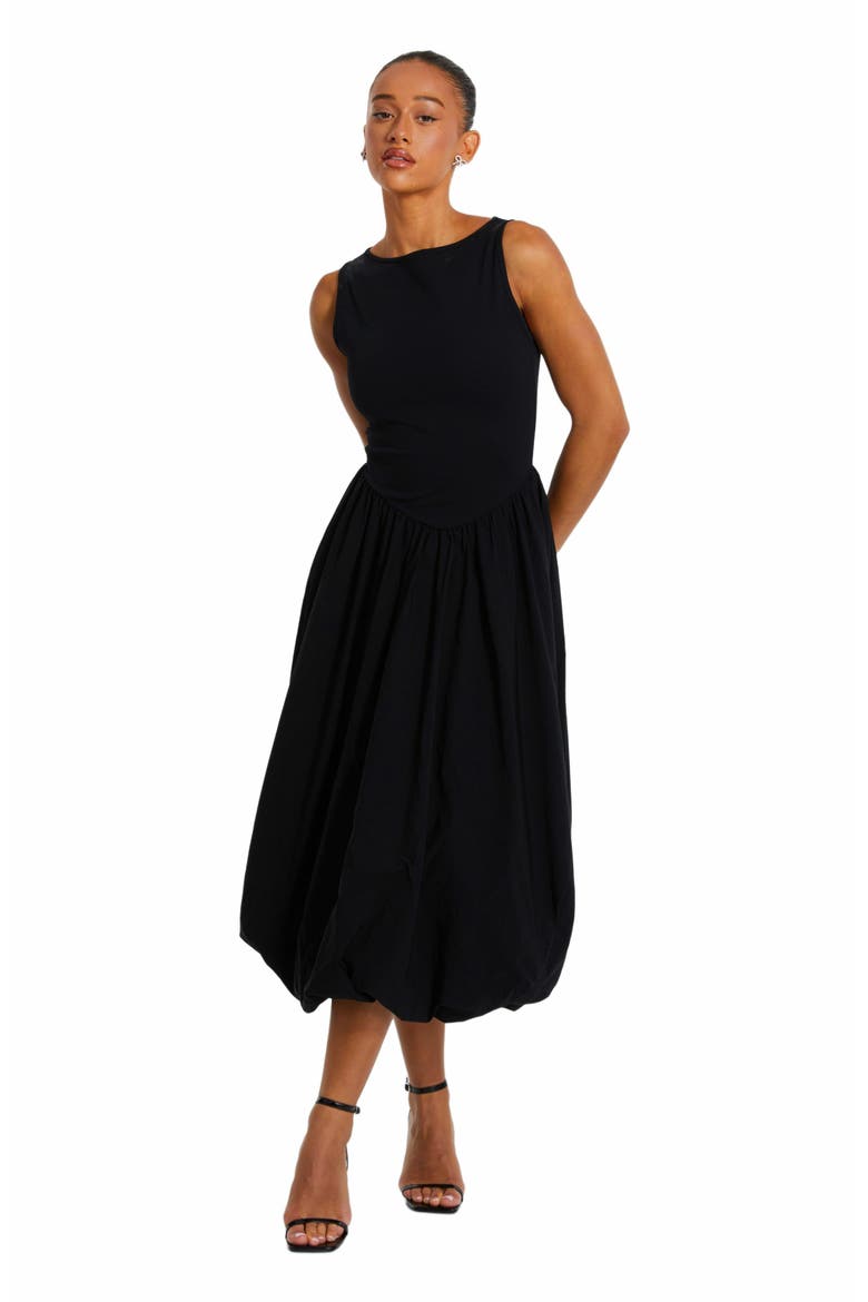 Jersey and Bengaline Puffball Midi Dress, Main, color, Black