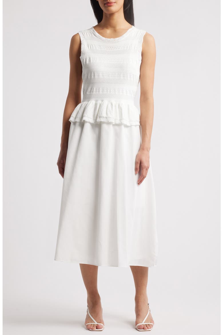 Mixed Media Stretch Cotton Midi Dress, Main, color, IVORY