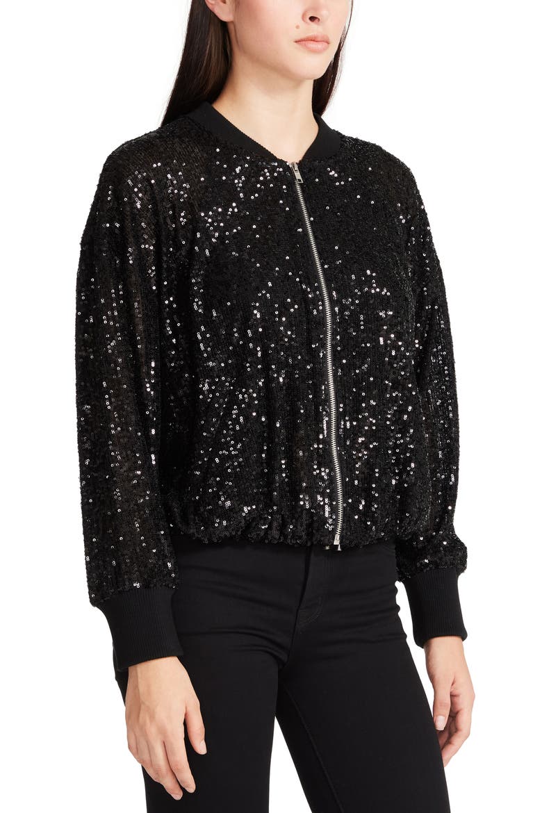 BB DAKOTA BY STEVE MADDEN Sequin Dolman Sleeve Zip Jacket, Alternate, color, BLACK SEQUIN