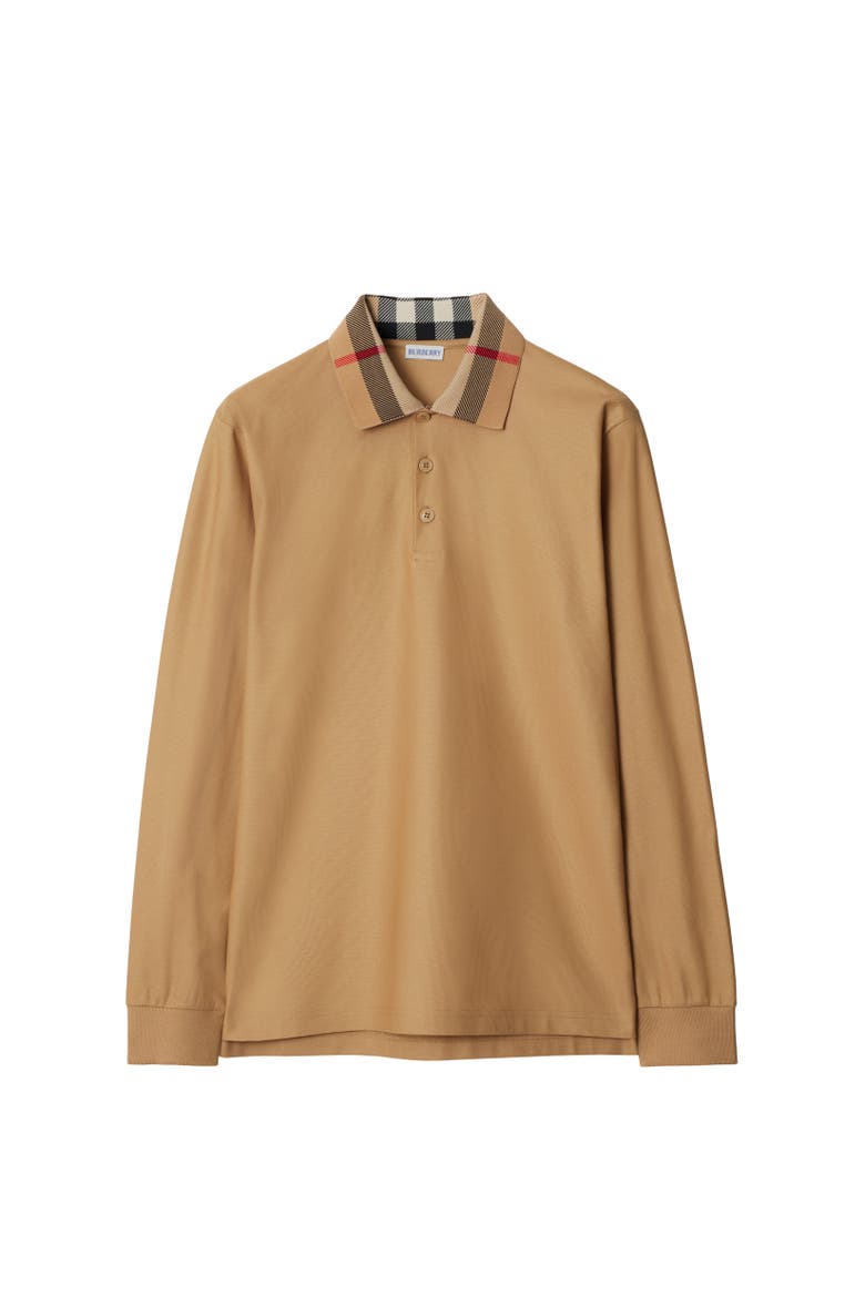 Long-sleeve Check Collar Cotton Polo Shirt, Alternate, color, Archive beige