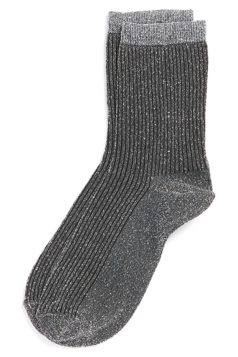 'Glitter' Ribbed Ankle Socks, Main, color, CHARCOAL