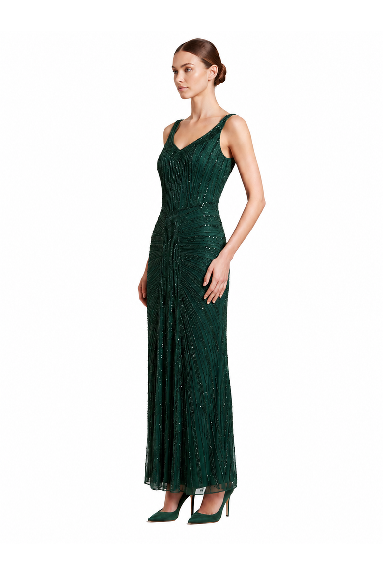 Beaded V-Neck Gown, Alternate, color, Dark Green
