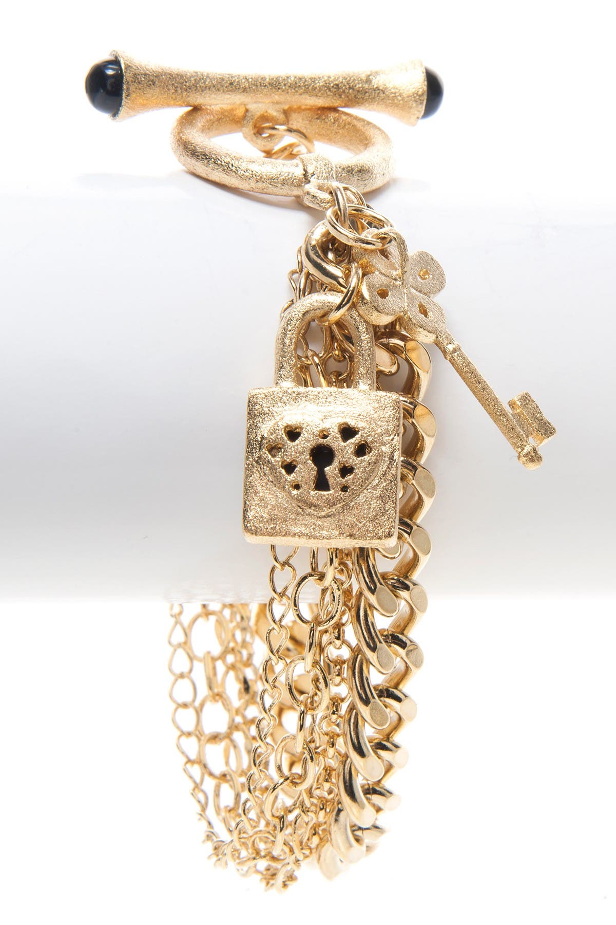 RIVKA FRIEDMAN 18K Gold Clad Multi Chain Cabochon Black Onyx Lock & Key ...