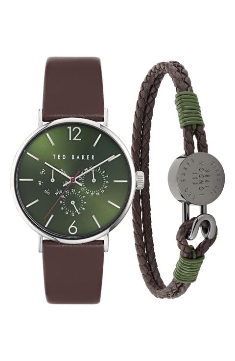 Phylipa Multifunction Leather Strap Watch & Bracelet Set, 41mm