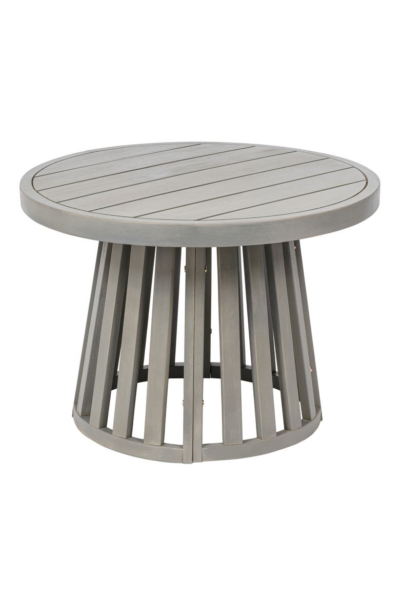 Solanya Modern Round Wood Outdoor Coffee Table, Slatted Tapered Base, Weather-Resistant Wash Patio Deck Furniture, Main, color, Gray Wash