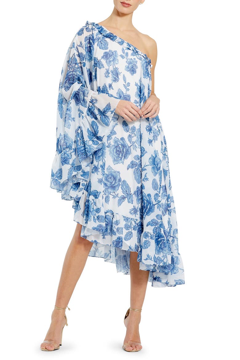 Floral Cape Overlay One-Shoulder Midi Shift Dress, Main, color, WHITE MULTI