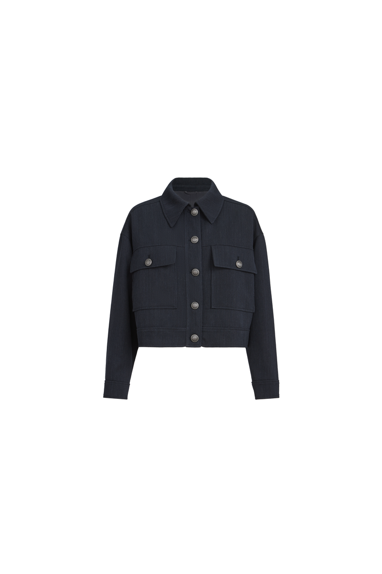 Virgin wool crêpe chevron cropped outerwear jacket with monili, Alternate, color, Navy Blue