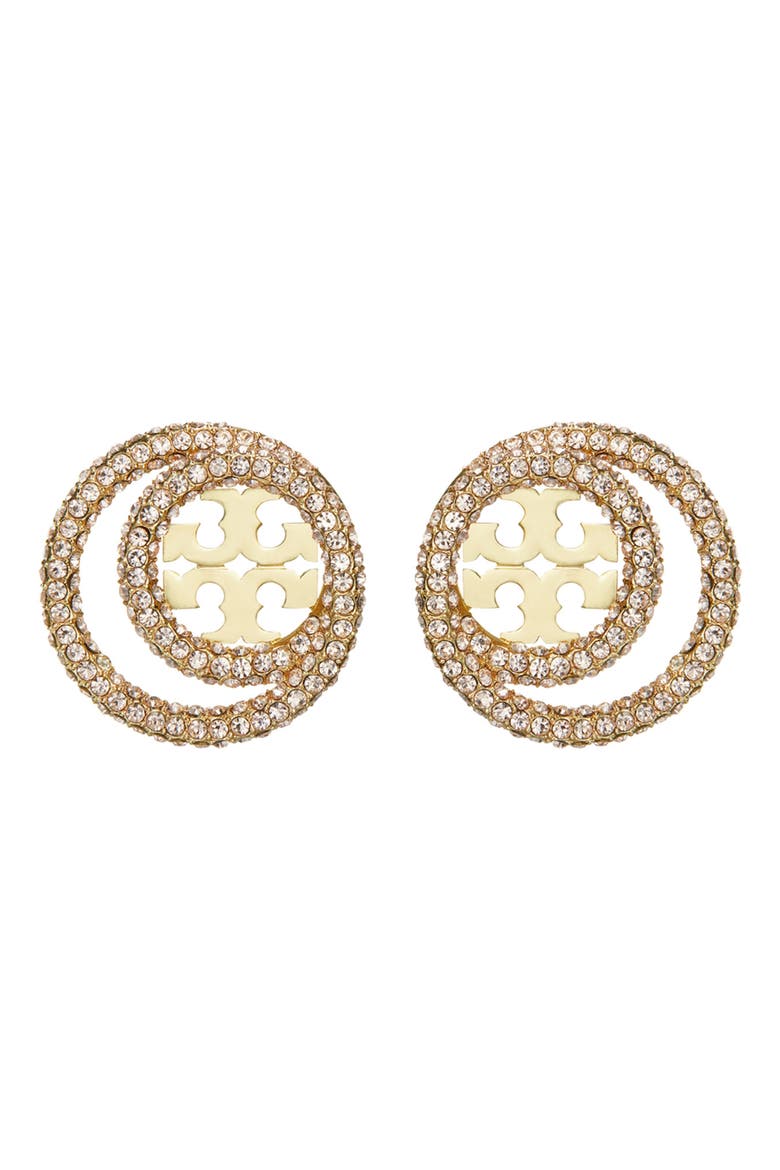 Miller Pavé Crystal Circle Logo Stud Earrings, Main, color, TORY GOLD / ROSE