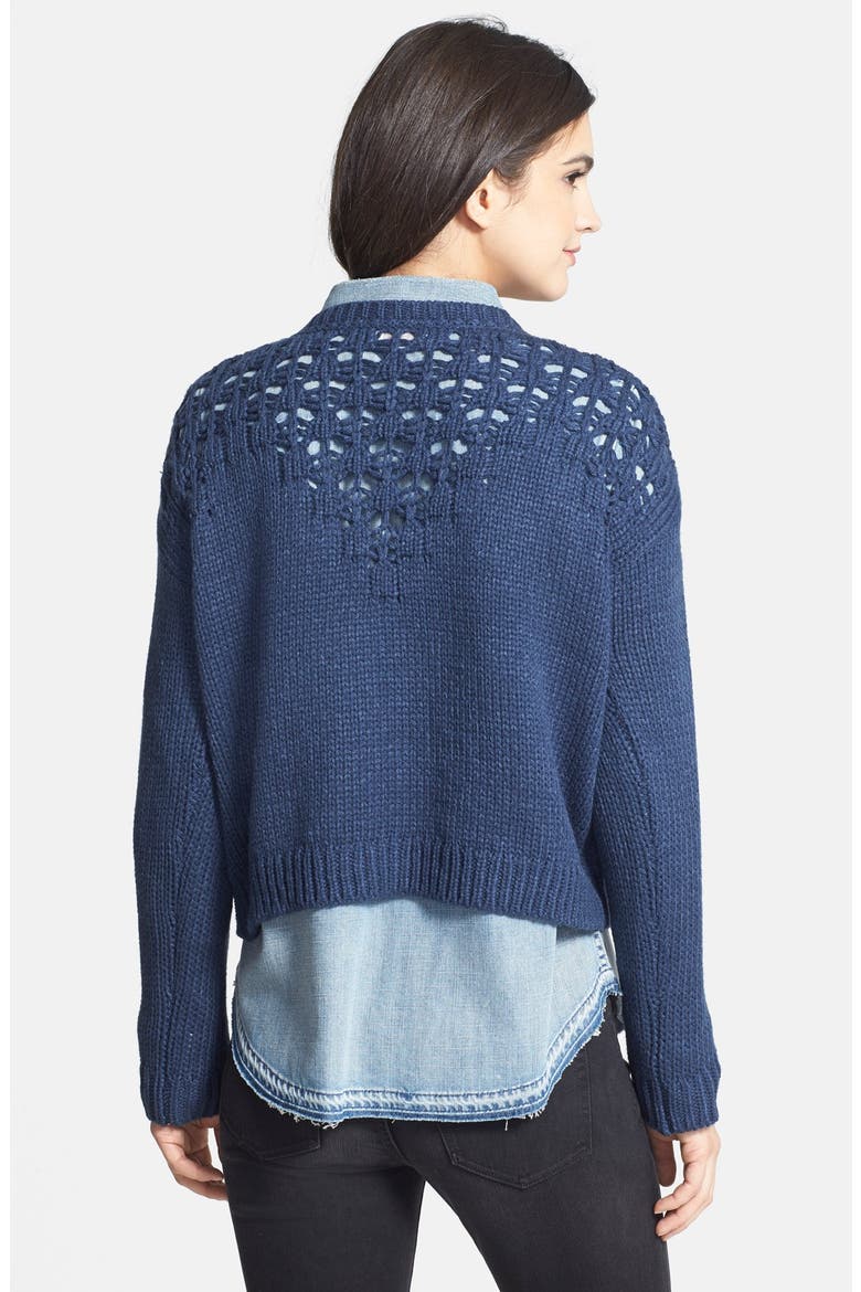 Pointelle Yoke Crop Sweater, Alternate, color, NAVY INDIGO
