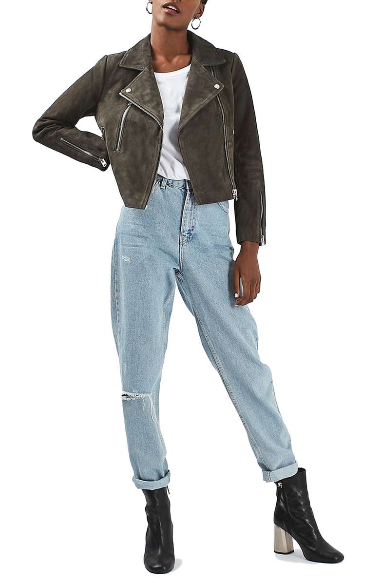Topshop 'Julie' Suede Moto Jacket, Alternate, color,