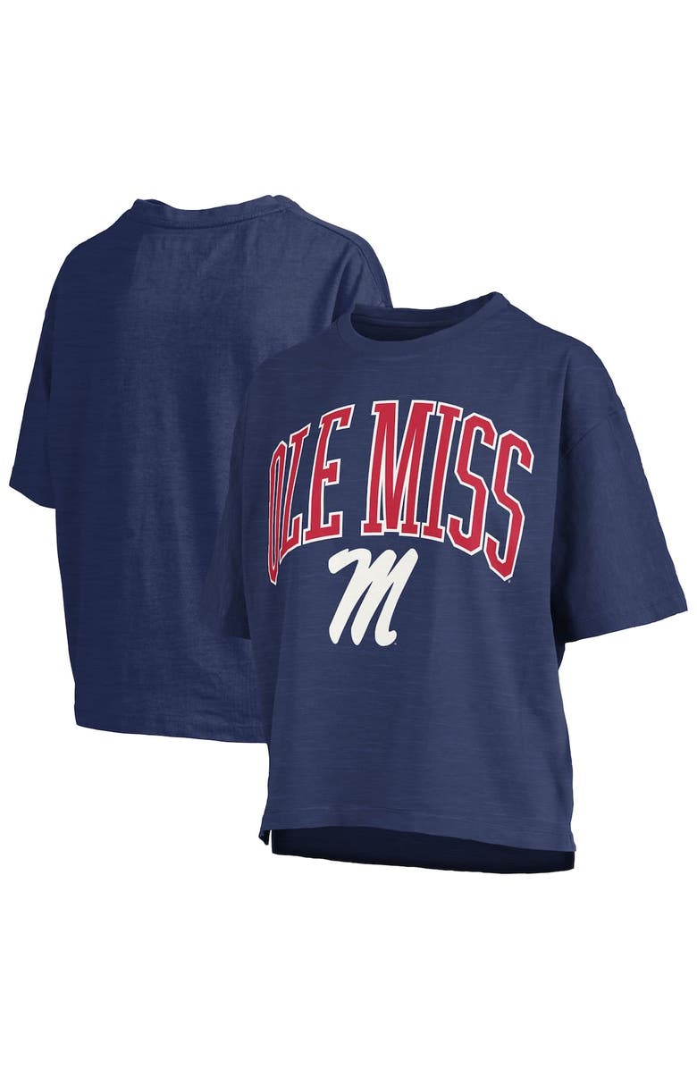 PRESSBOX Women's Pressbox Navy Ole Miss Rebels Nelson Arch Over Logo Waist Length Oversized Slub T-Shirt, Alternate, color,