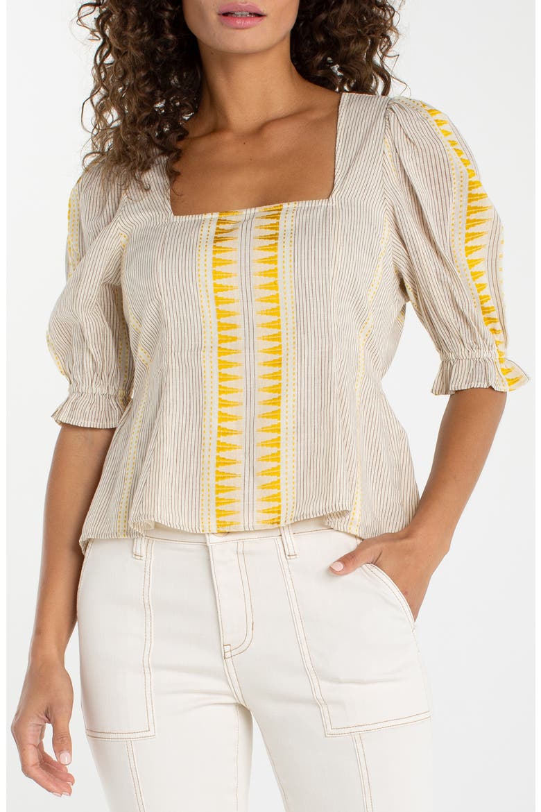 Embroidered Puff Sleeve Shirt, Main, color, CREAM BROWN STRIPE