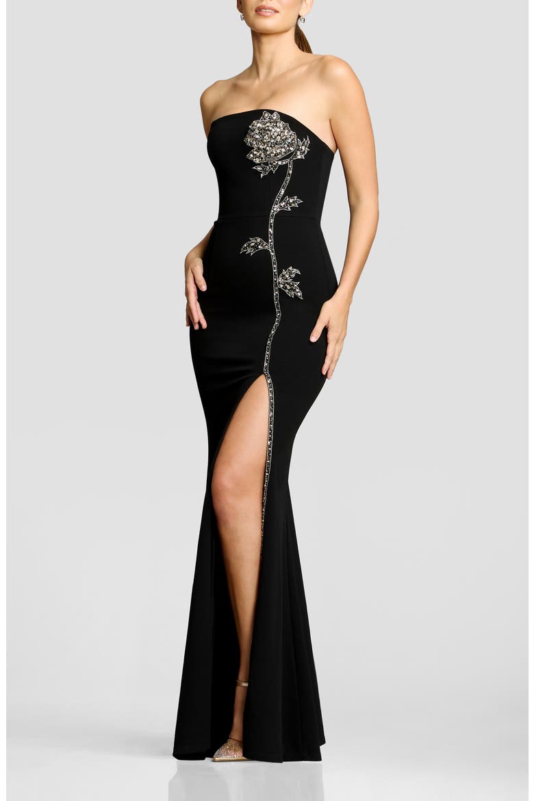 Dion Rhinestone Placed Floral Strapless Mermaid Gown, Alternate, color, BLACK-SILVER