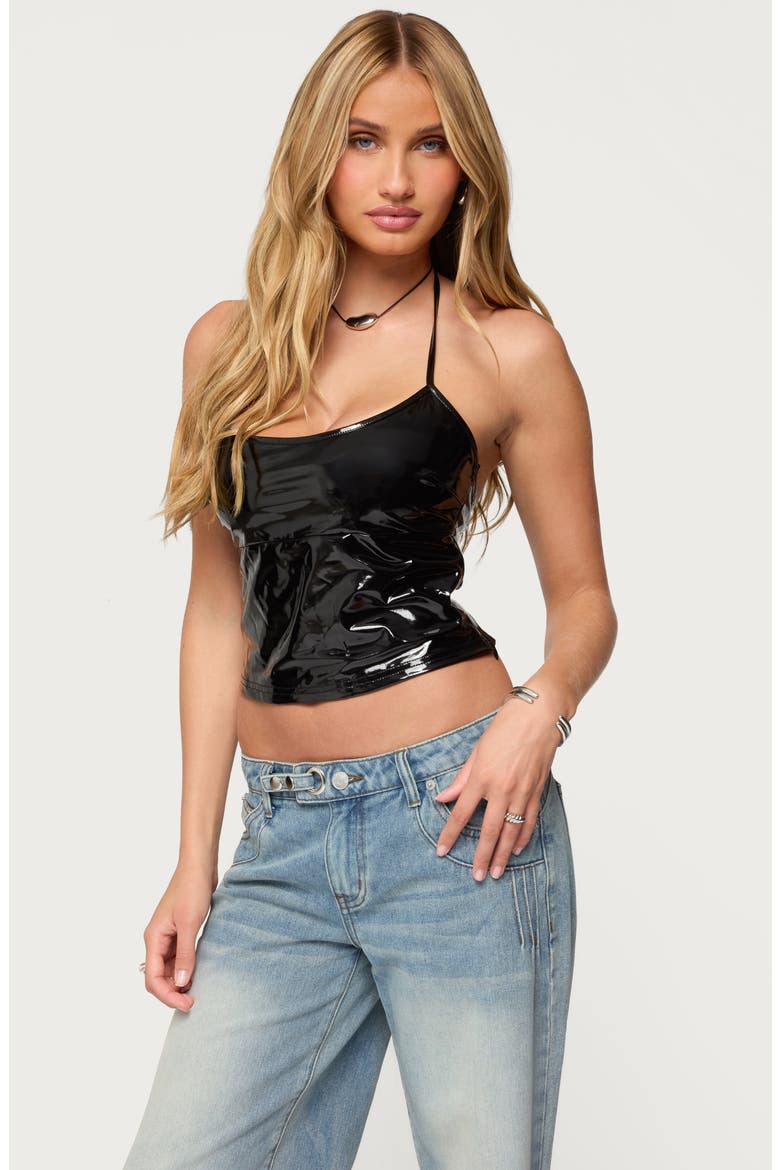 Vikki Vinyl Halter Top, Alternate, color, BLACK