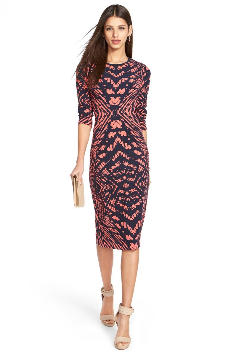 Maggy London Tie Dye Print Crepe Midi Sheath Dress, Main, color,
