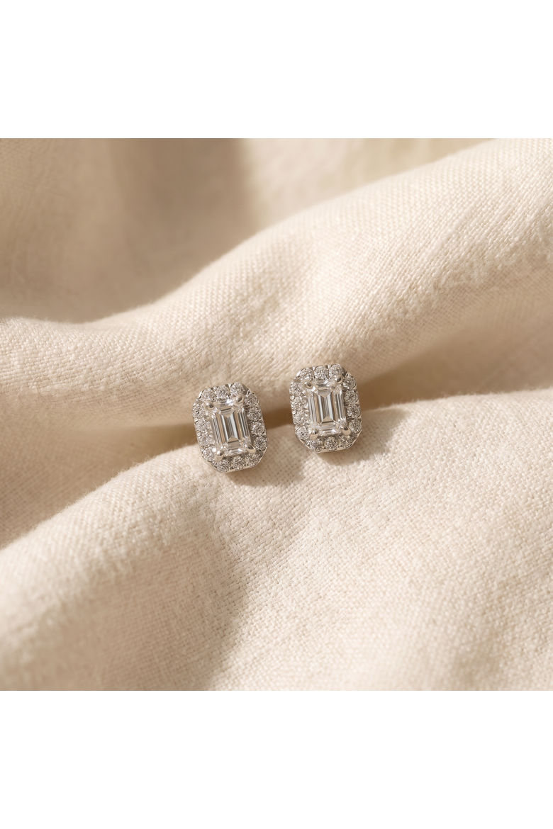 3/4Ct Emerald Lab Grown Diamond Halo Studs Silver Earrings, Alternate, color, Silver