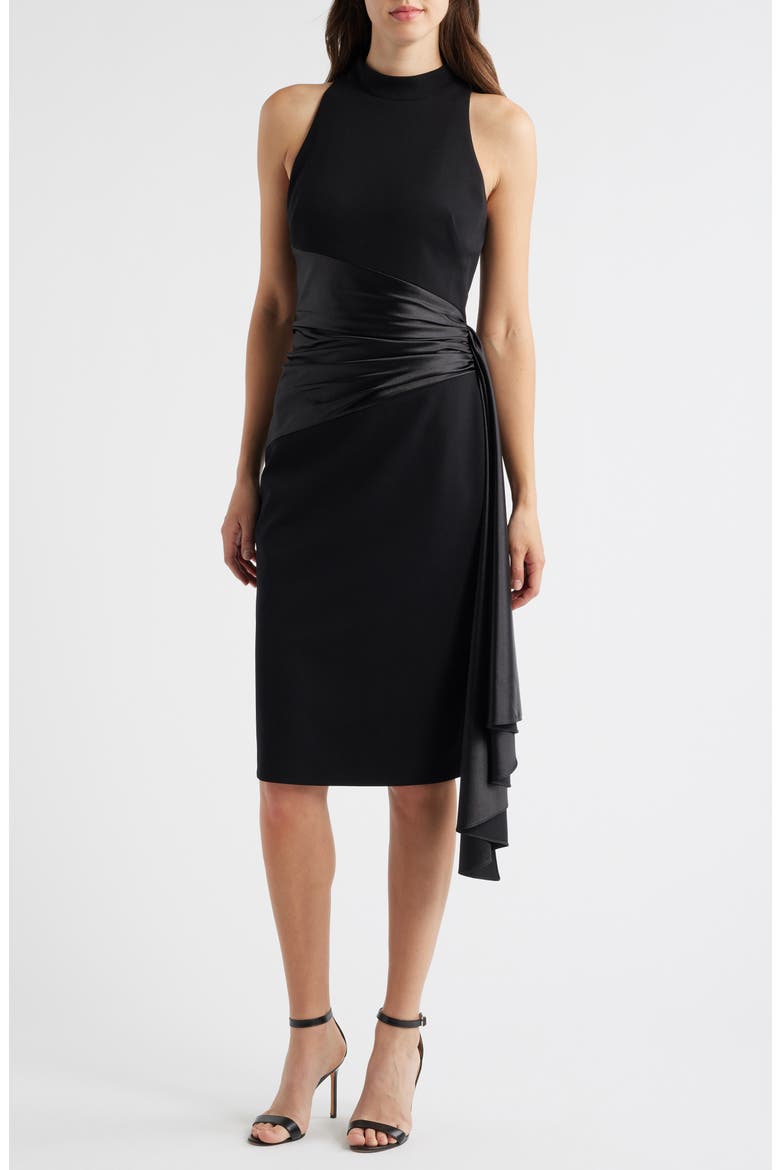 Mixed Media High Neck Cocktail Sheath Dress, Main, color, BLACK