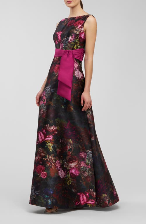 Kay Unger Nicoletta Floral Sleeveless A-line Gown In Black