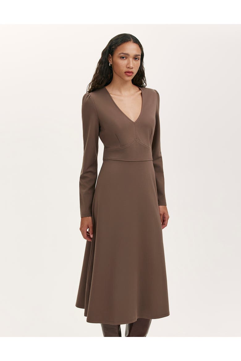 Seraphina Ponte Jersey V Neck Midi Dress, Alternate, color, Mole