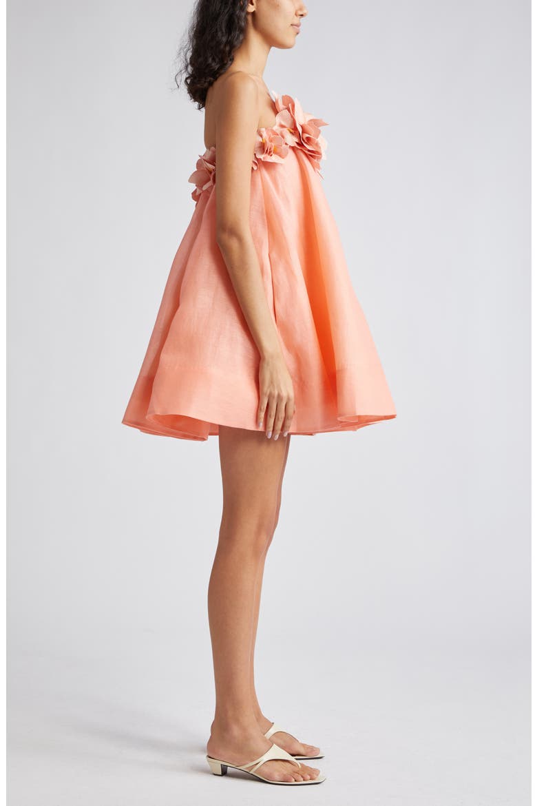Natura Floral Appliqué Strapless Linen & Silk Minidress, Alternate, color, CORAL