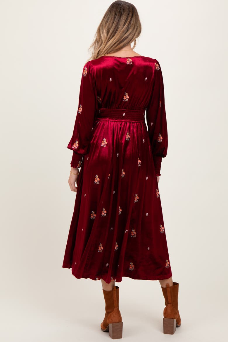 Velvet Embroidered Floral Midi Dress, Alternate, color, Red