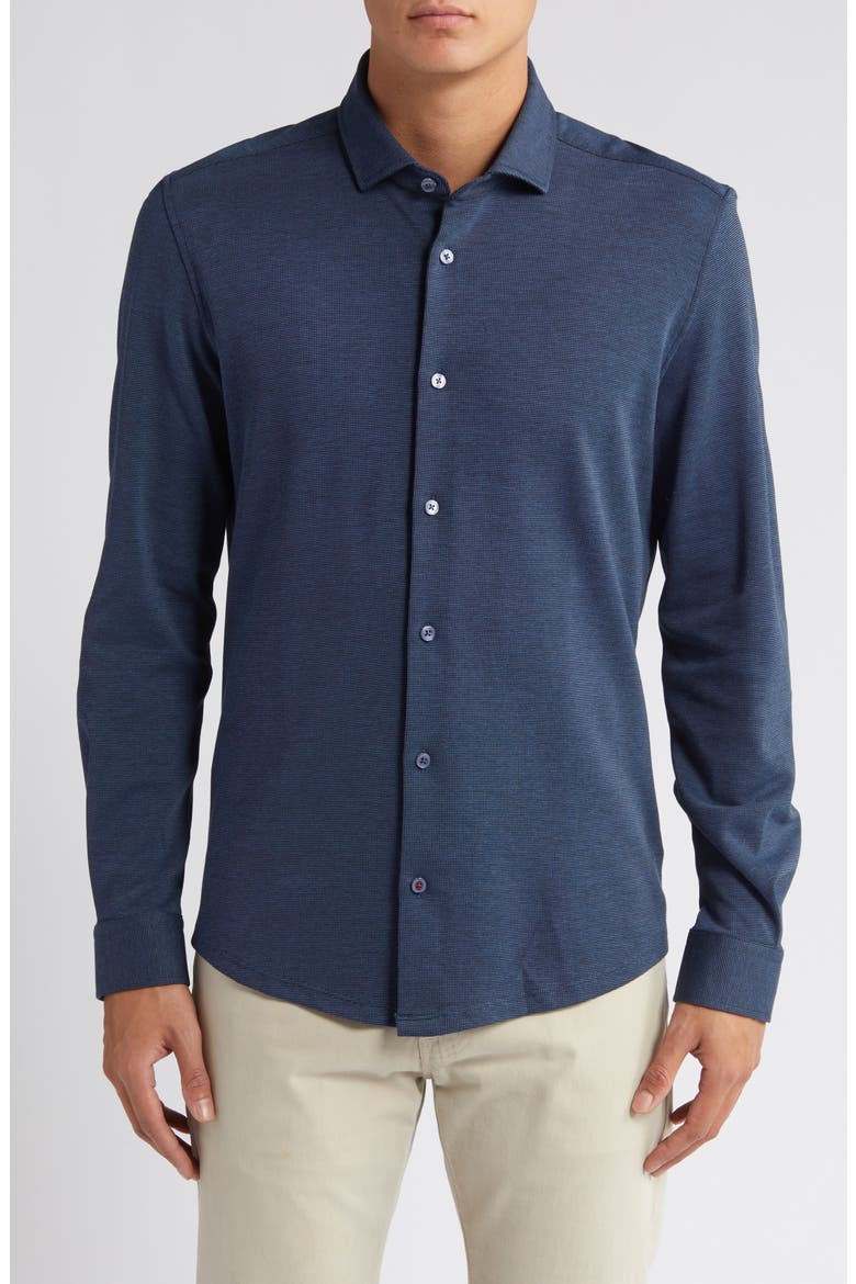Solid Performance Piqué Button-Up Shirt, Main, color, NAVY