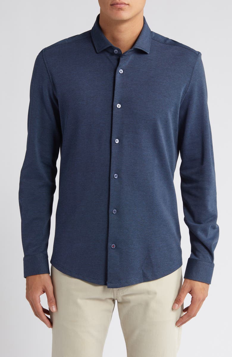 Stone Rose Solid Performance Piqué Button-Up Shirt, Main, color, Navy