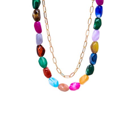 Gold Chain & Multicolor Bead Necklace