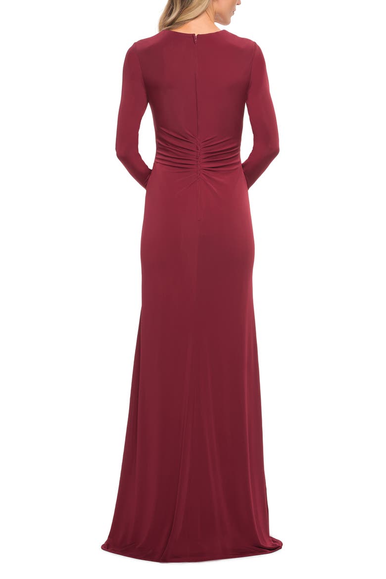 Ruched Long Sleeve Jersey Sheath Gown, Alternate, color, WINE