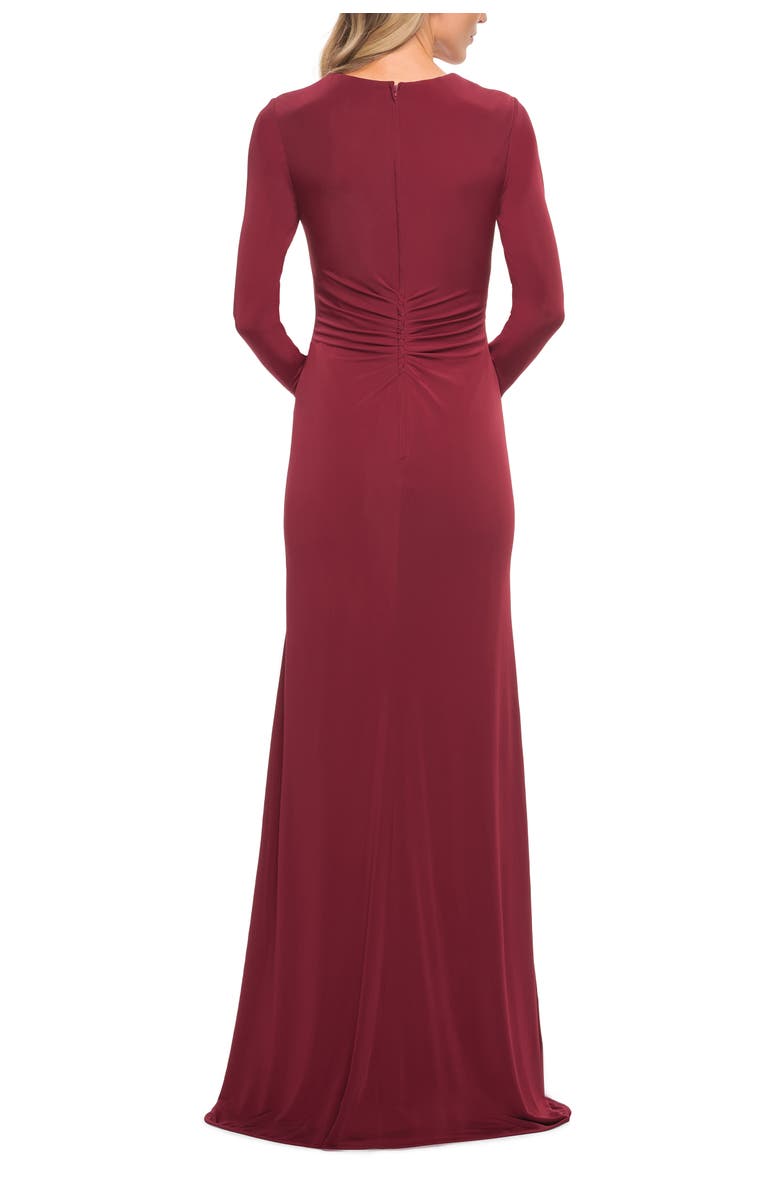 La Femme Long Sleeve Jersey Dress with Criss-Criss Front Ruching, Alternate, color, Wine