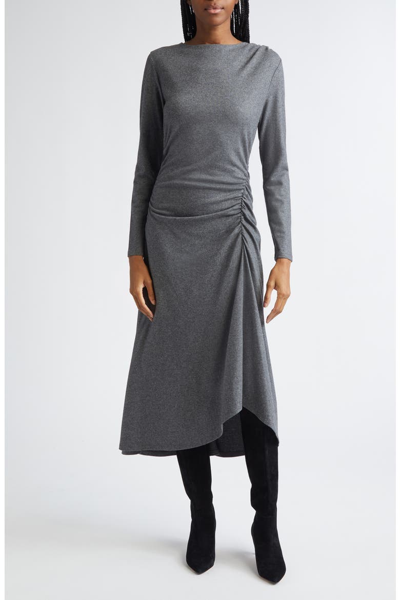 Theodora Ruched Long Sleeve Midi Dress, Main, color, MEDIUM HEATHER GREY