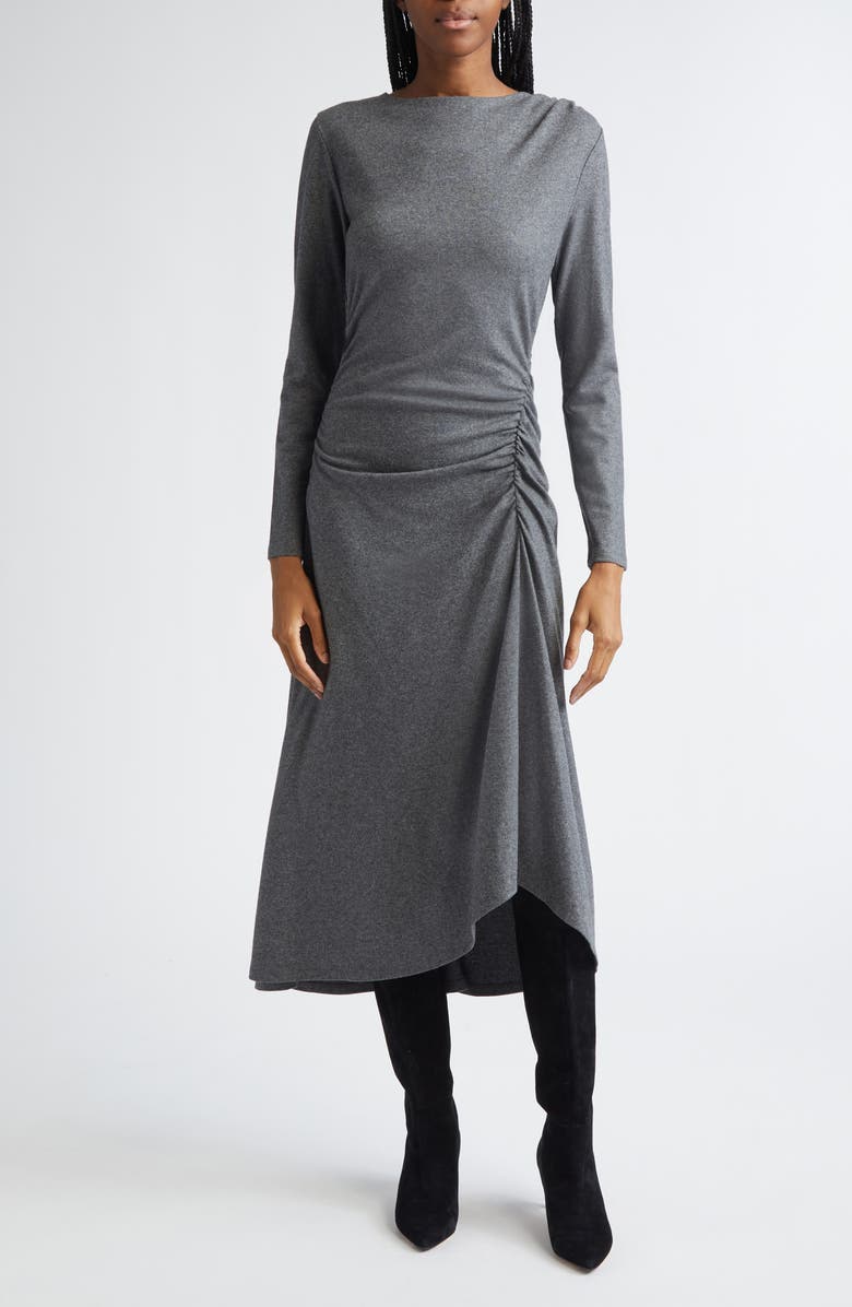 Veronica Beard Theodora Ruched Long Sleeve Midi Dress, Main, color, Medium Heather Grey