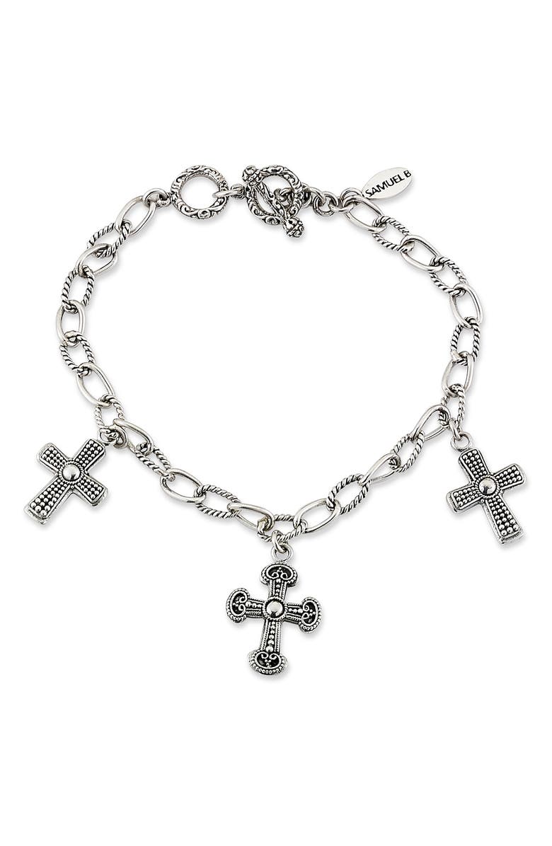 SAMUEL B. Filigree Cross Charm Bracelet, Main, color, Silver