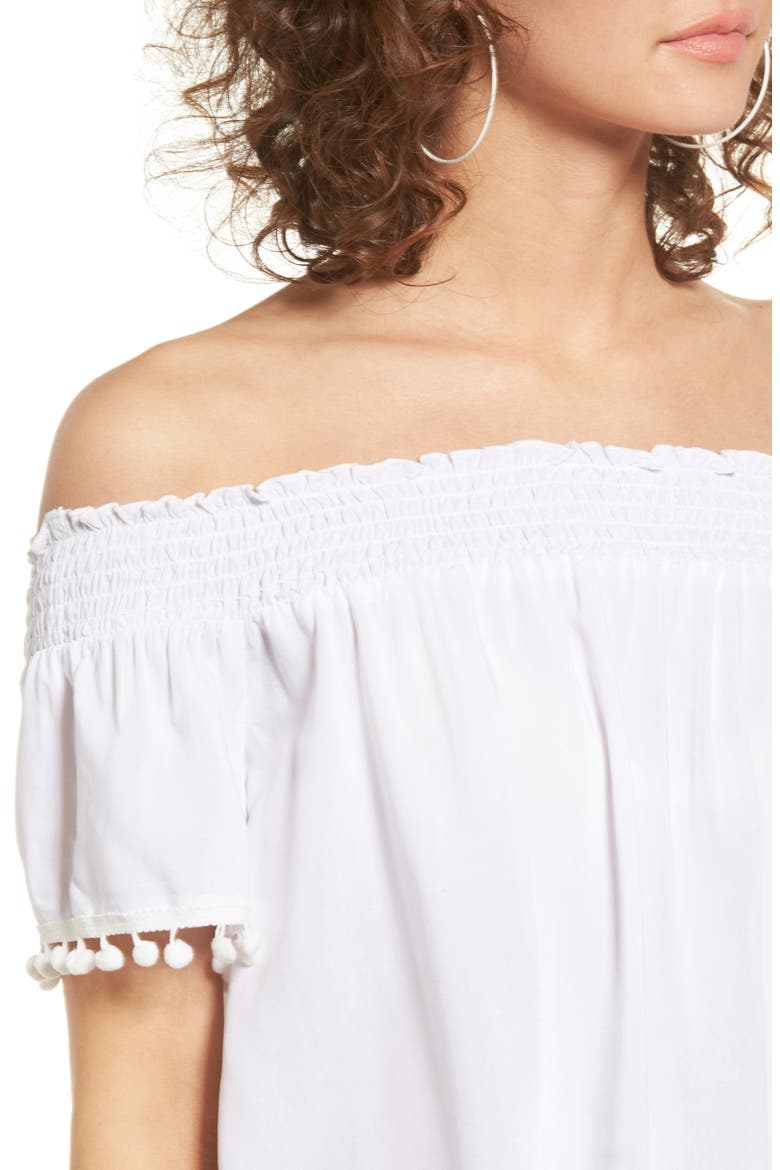 Smocked Check Off the Shoulder Top, Alternate, color, WHITE
