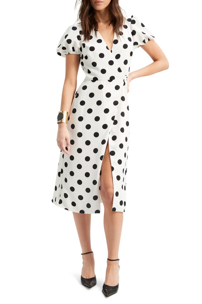 Devyn Dot Faux Wrap Dress, Main, color, BLACK WHITE SPOT