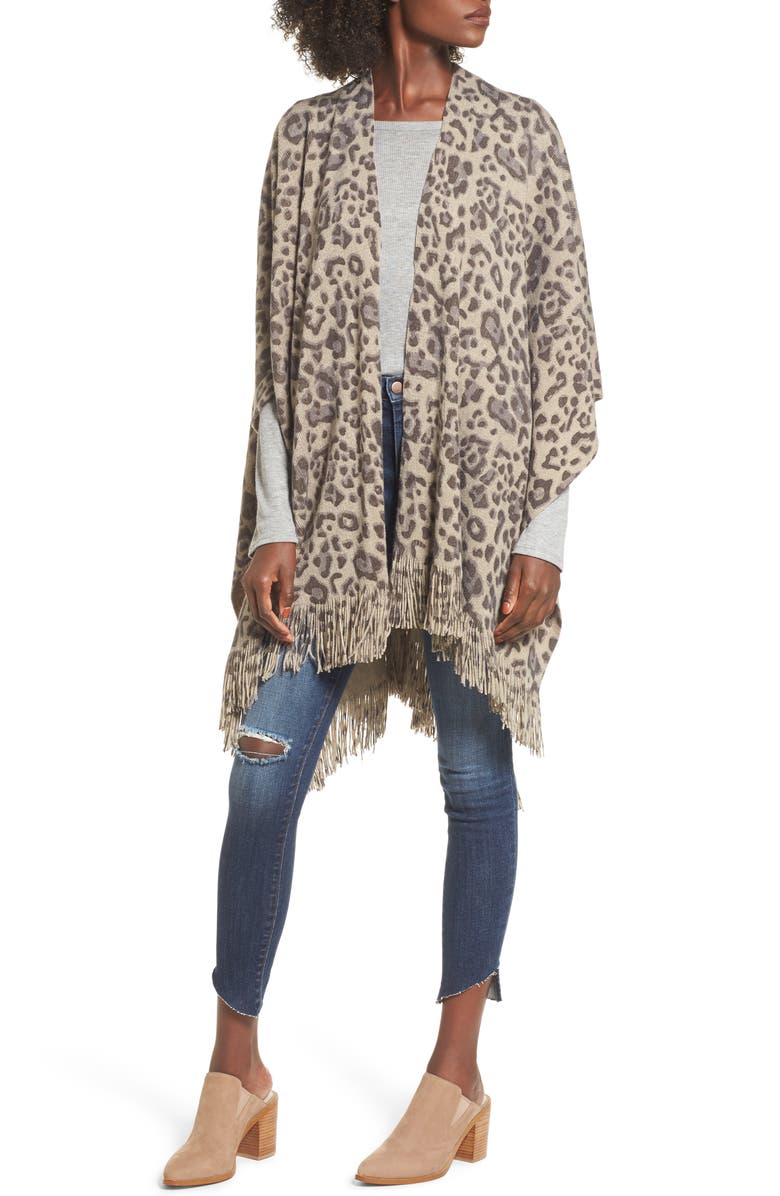 Sole Society Leopard Print Fringe Wrap, Main, color,