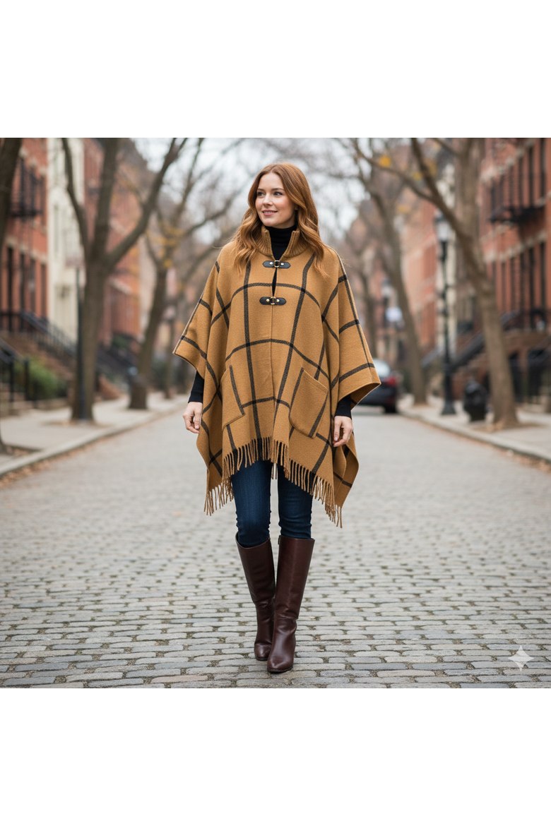 Women's Plaid Ruana, Alternate, color, Tan