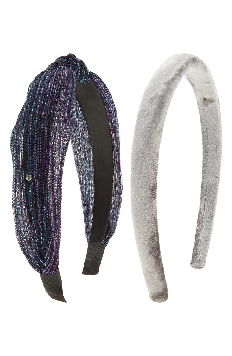 Cara Kids' Set of 2 Plissé & Velvet Headbands, Main, color, Grey Multi