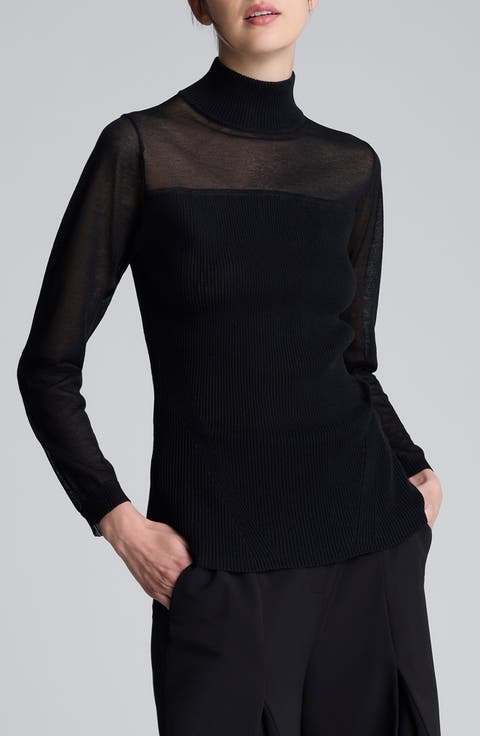 Long Sleeve Mock Neck Sheer Yoke Sweater Top