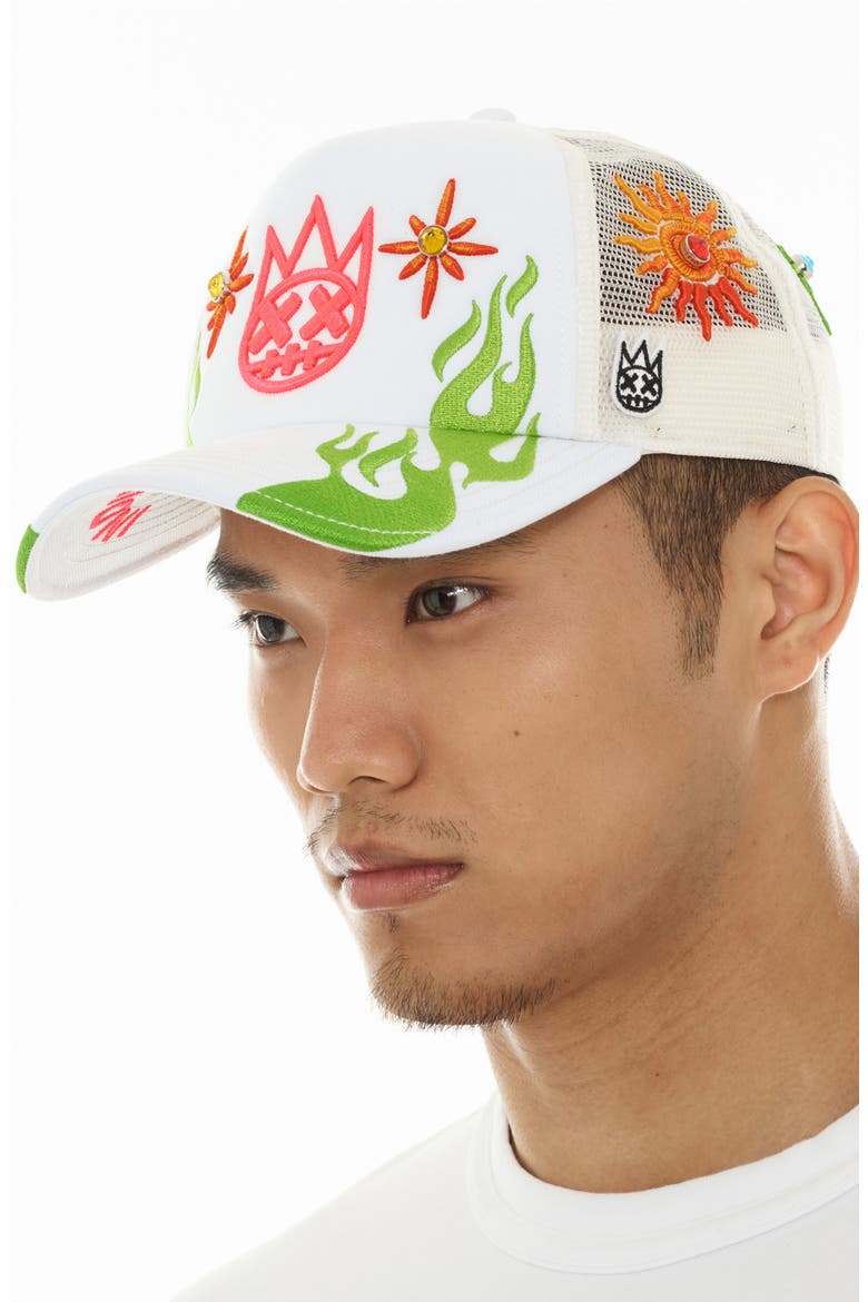 Shimuchan Logo Crystal Embellished Trucker Hat, Alternate, color, WINTER WHITE