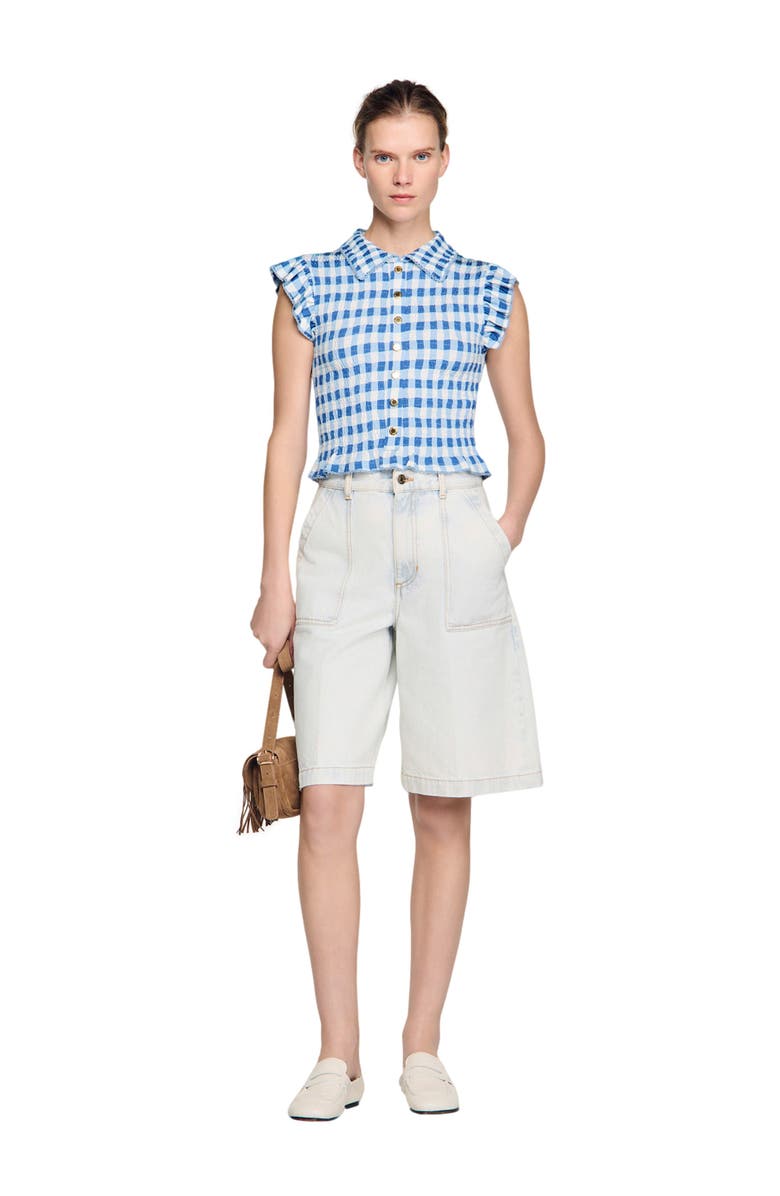 SANDRO Check smocked T-shirt, Alternate, color, Blu / White