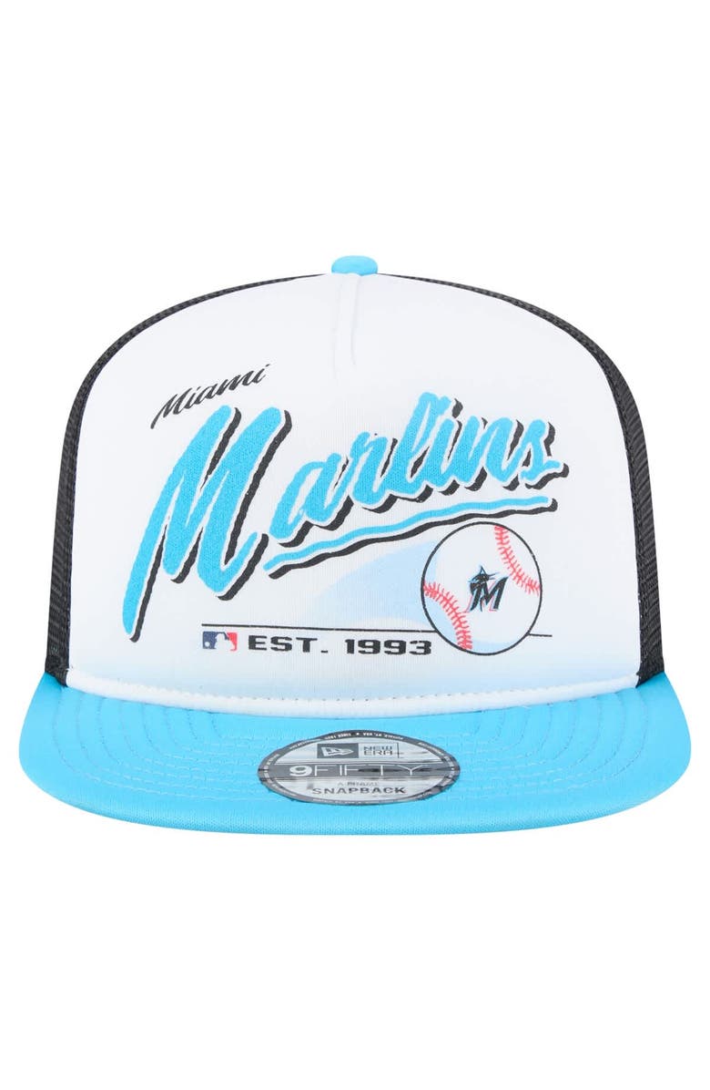 New Era Men's New Era White/Blue Miami Marlins Retro Script Trucker 9FIFTY Snapback Hat, Alternate, color, White