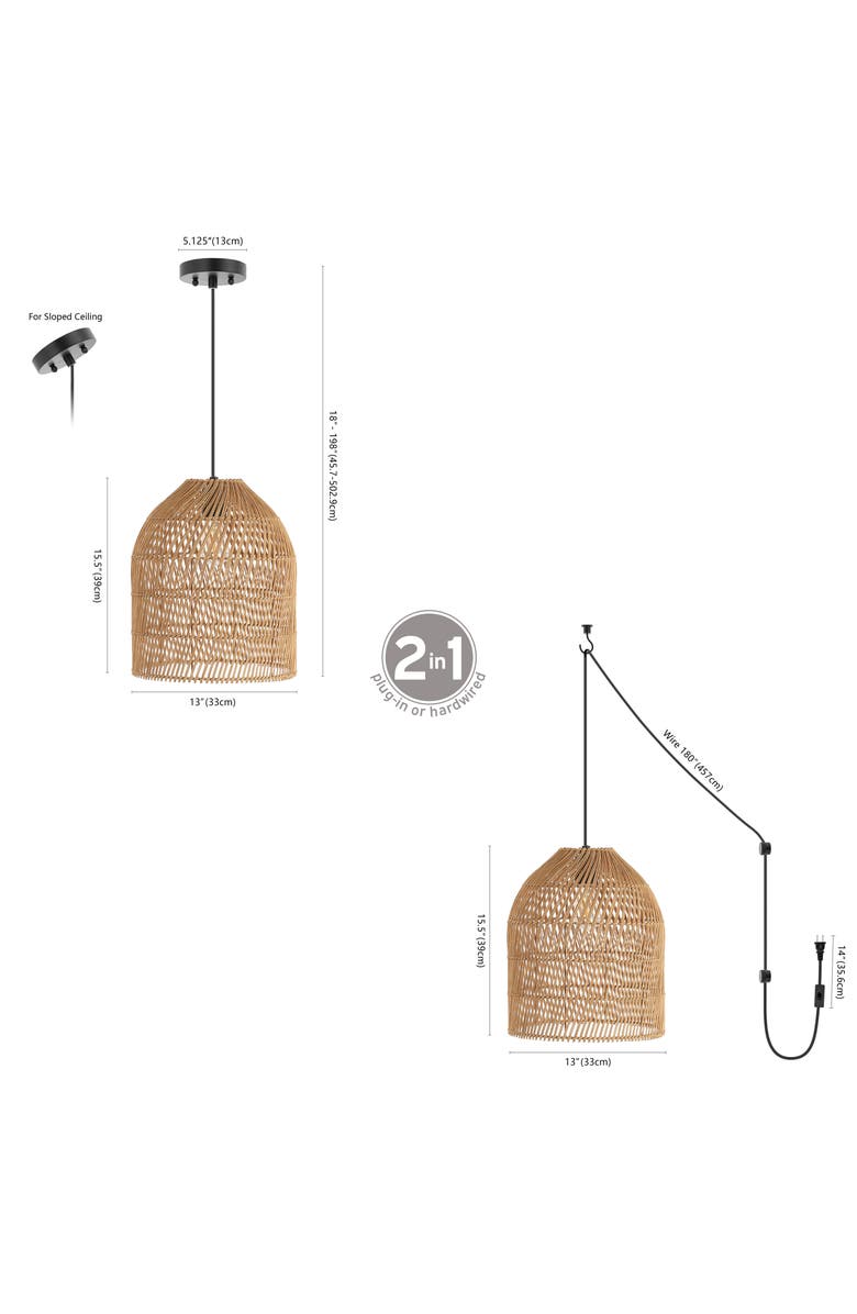 JONATHAN Y Koda 1-Light Farmhouse Coastal Bohemian Rattan 180" Cord Plug-In or Hardwired LED Pendant, Alternate, color, 