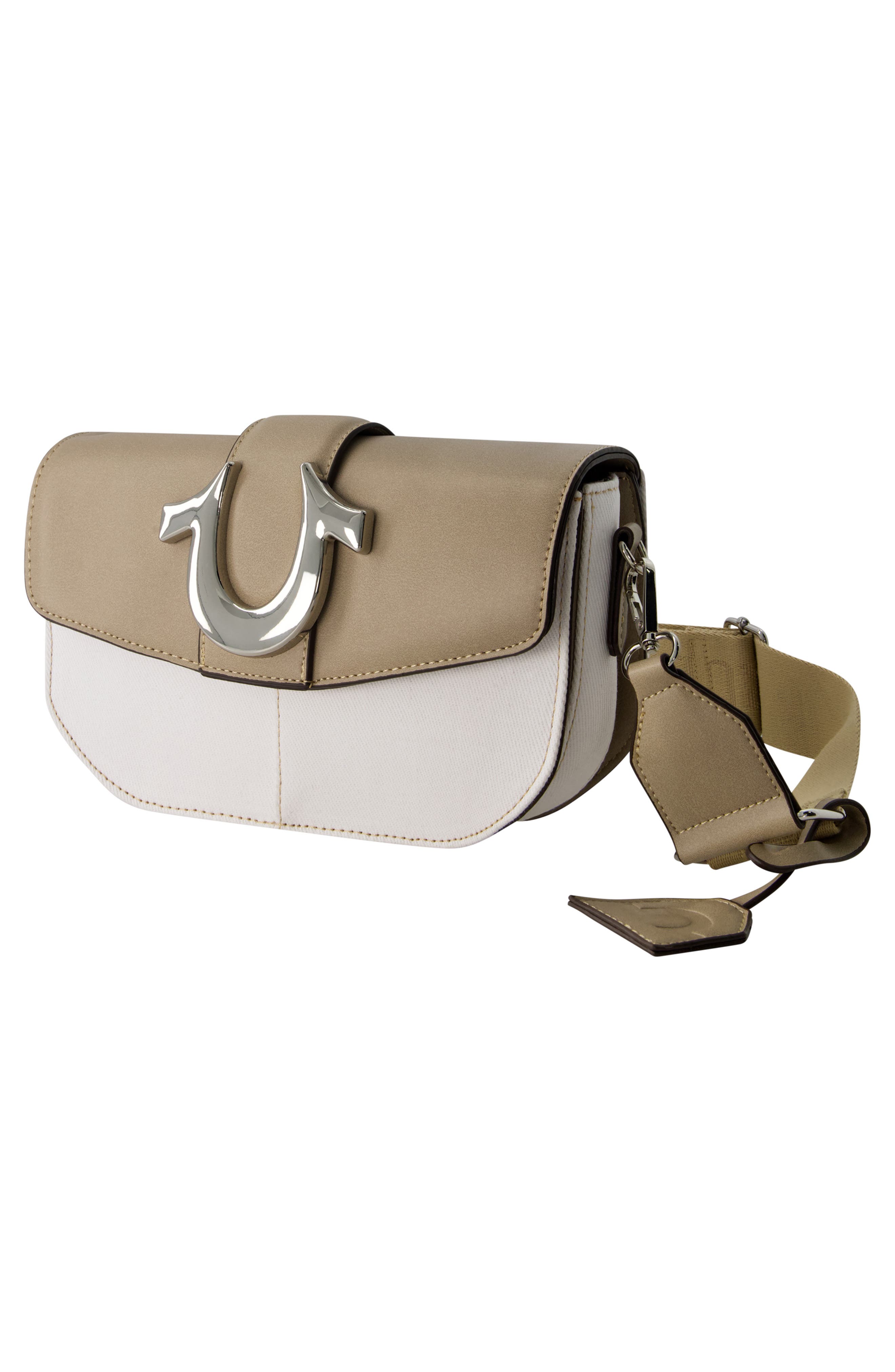 Denim Saddle Bag with Oversized Horseshoe Logo, Alternate, color, TAUPE