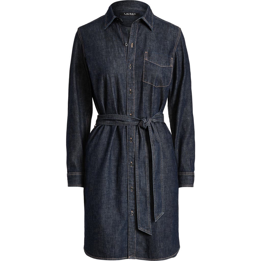Ralph Lauren Lauren Belted Long Sleeve Denim Shirtdress In Pure Rinse Wash